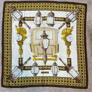 HERMES Scarf Carre90 Brown FEUX DE ROUTE PARIS Silk 100% Very Good Cond
